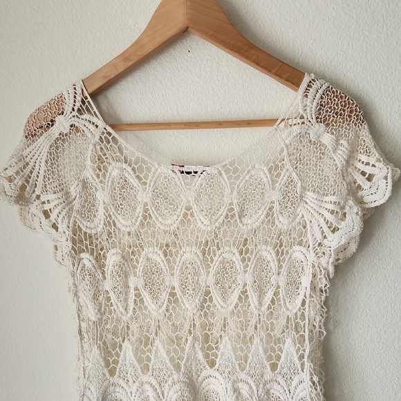 Vivid Collection Elegant Lace Crochet Short Sleeve Blouse in Cream Sz M Cottage - Picture 8 of 15